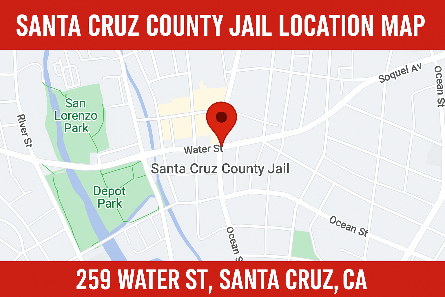 Map of Santa Cruz County Jail location at 259 Water Street in Santa Cruz, California