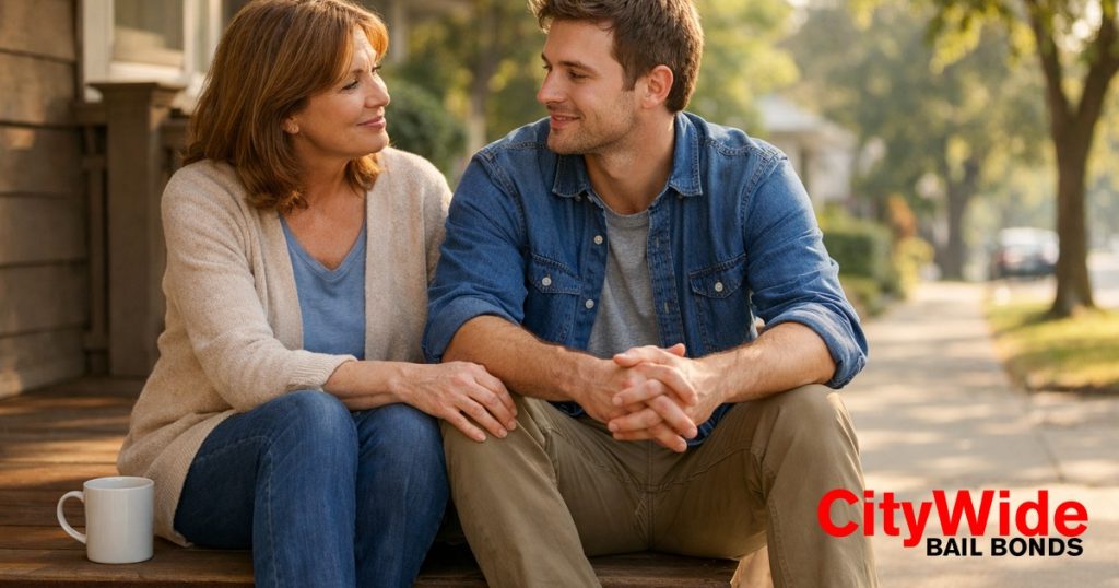 California Pretrial Release: What Families Should Know Mother and grown son talking on a porch step about California pretrial release